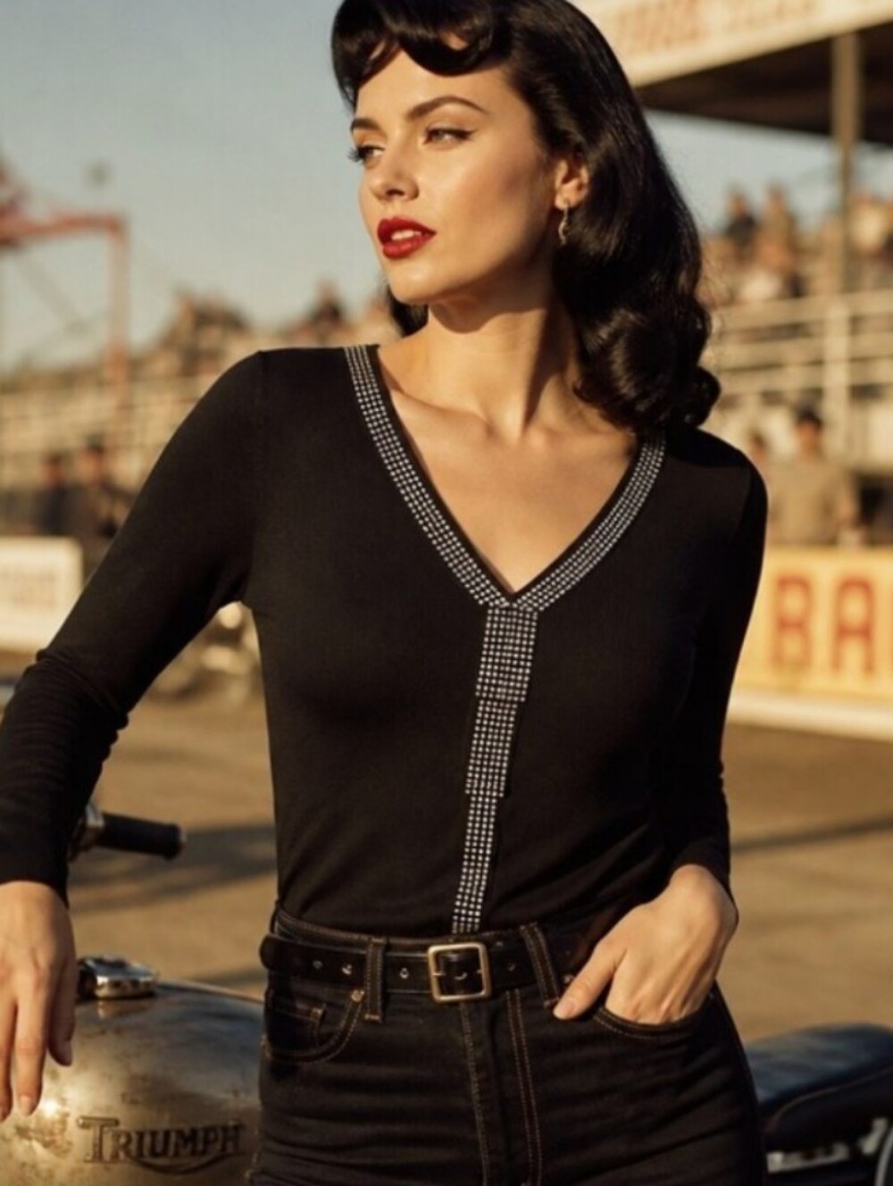 Black V-Neck Long Sleeve Top with Studded Trim